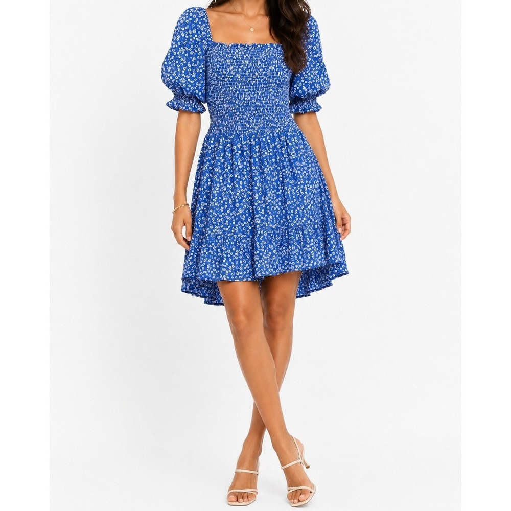 Hyacinth House Blue Smocked Puff Sleeve Mini Dress Floral Cottagecore NWT L